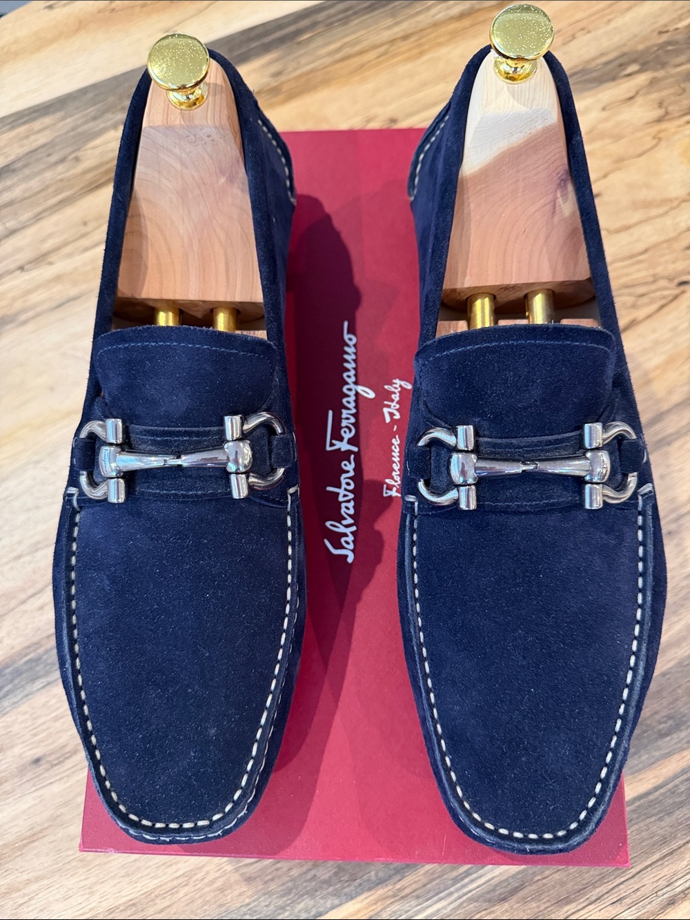 Salvatore Ferragamo Navy Suede Bit Loafers with Silver Hardware US 11.5